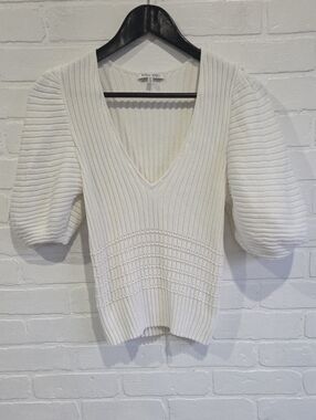 Ronny Kobo Collection Ivory Ribbed V-Neck Sweater